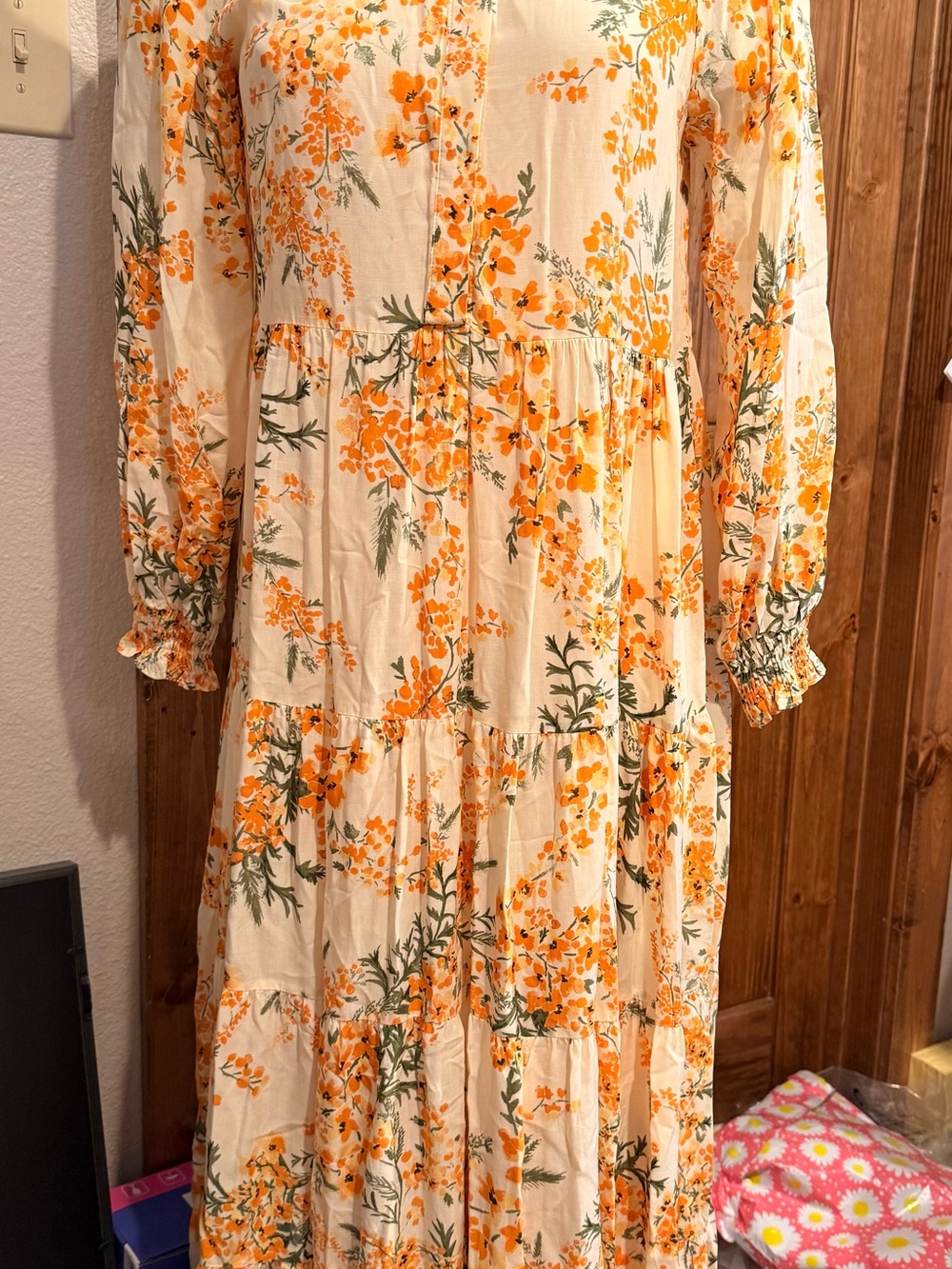 Zara Cream Midi Dress with Orange Floral Print